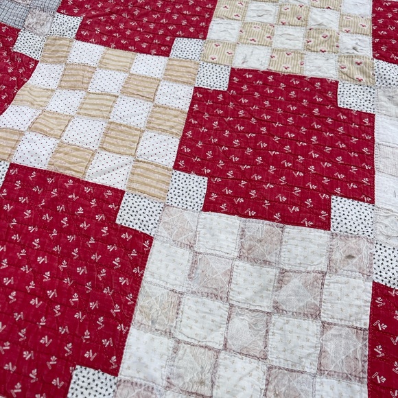 Antique Patchwork Red Calico Quilt Blanket 1800s Distressed - Picture 5 of 9